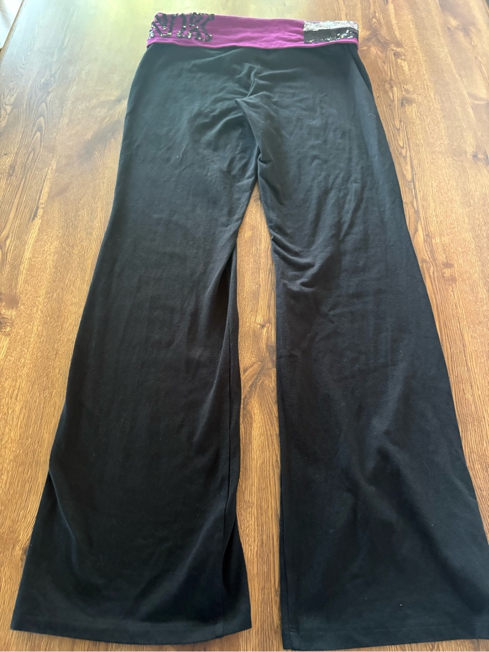 2013 PINK Victoria's Secret Sequin BLING Black Flare Fold-over Yoga Pants Sz Lg
